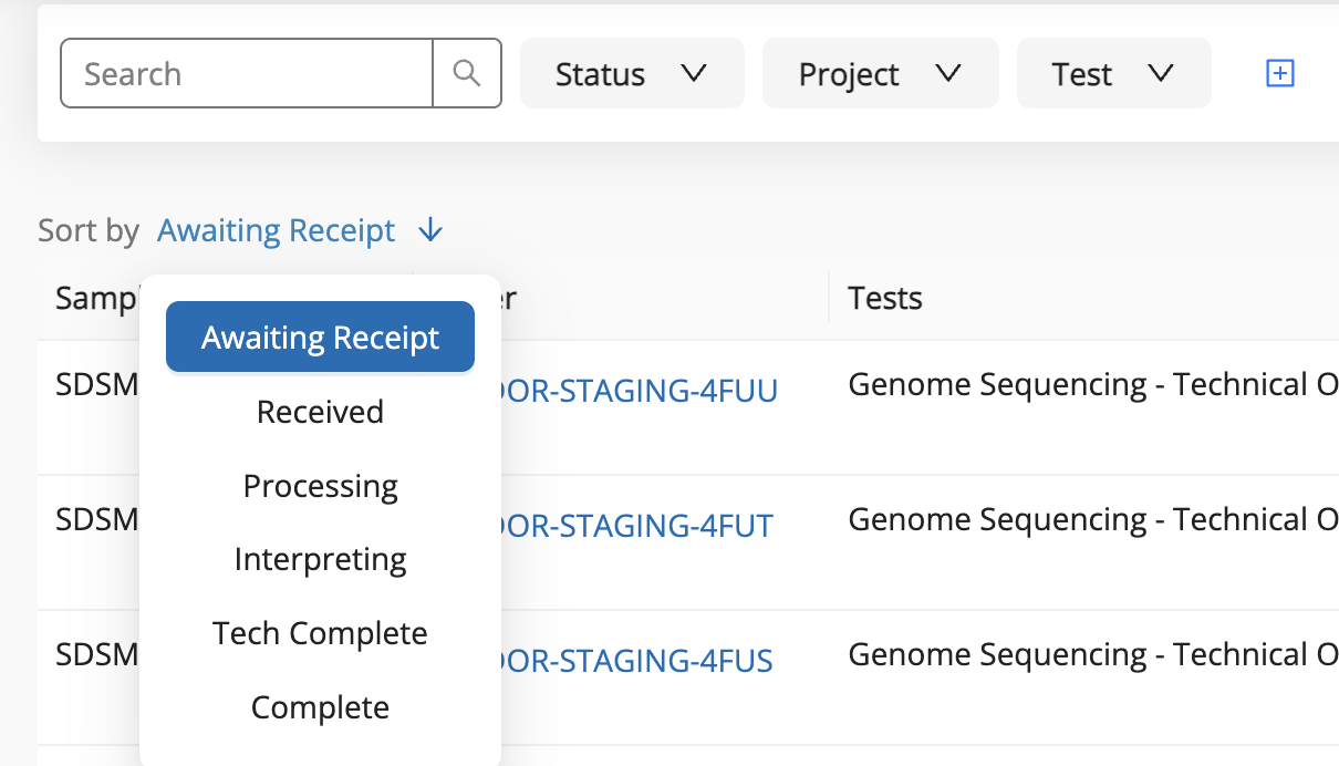 Samples Dashboard Sort By