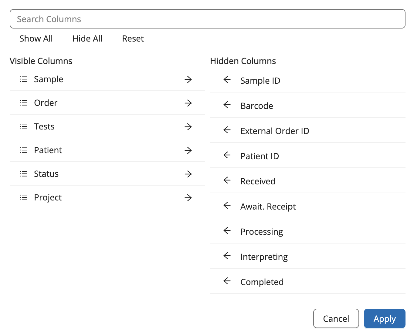 Samples Dashboard Adjust Columns